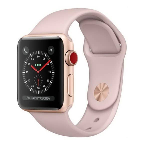 ساعت اپل واچ سری 3 سلولار مدل 38mm Aluminum Gold Case with Pink Sand Sport Band