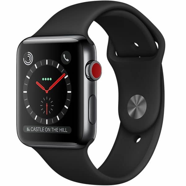 ساعت هوشمند اپل واچ سری 3 سلولار مدل 42mm Stainless Steel Case with Black Sport Silicon Band